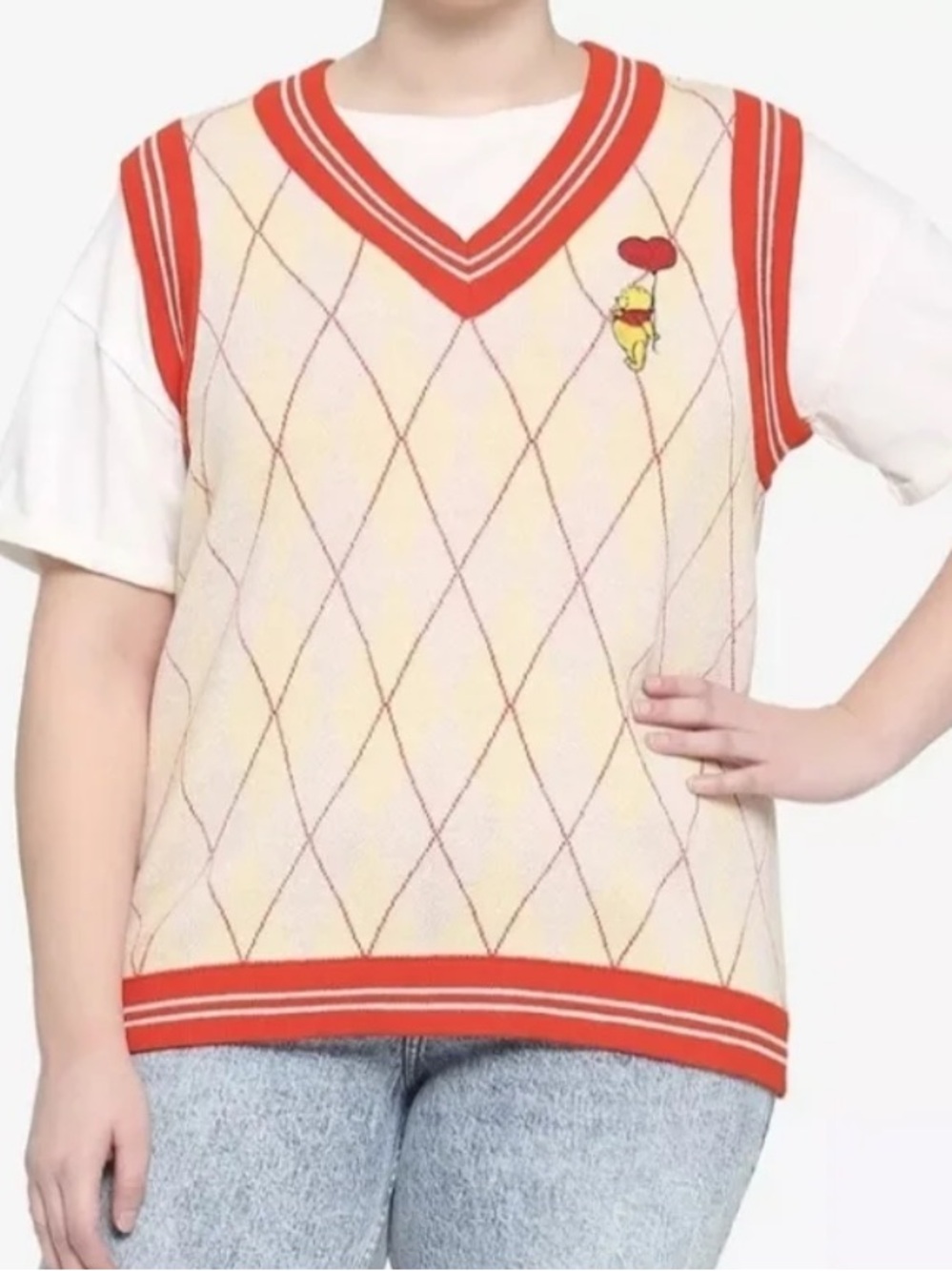 Her Universe Winnie the Pooh Cream and Red Argyle Sweater Vest